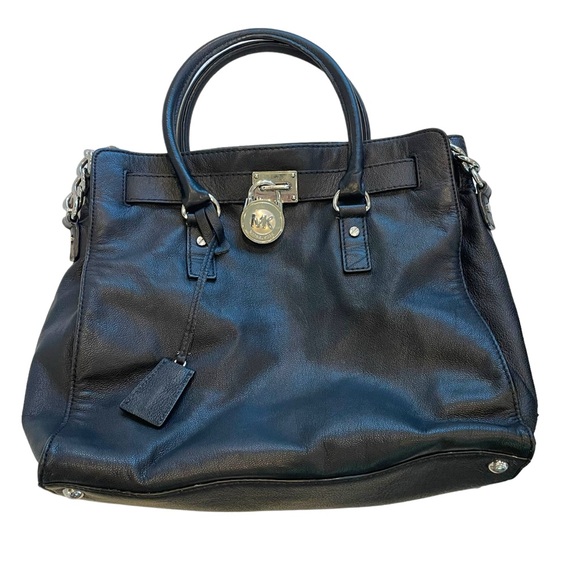 Michael Kors Hamilton Leather Satchel Black With Silver Lock & Chain Large - Picture 9 of 16